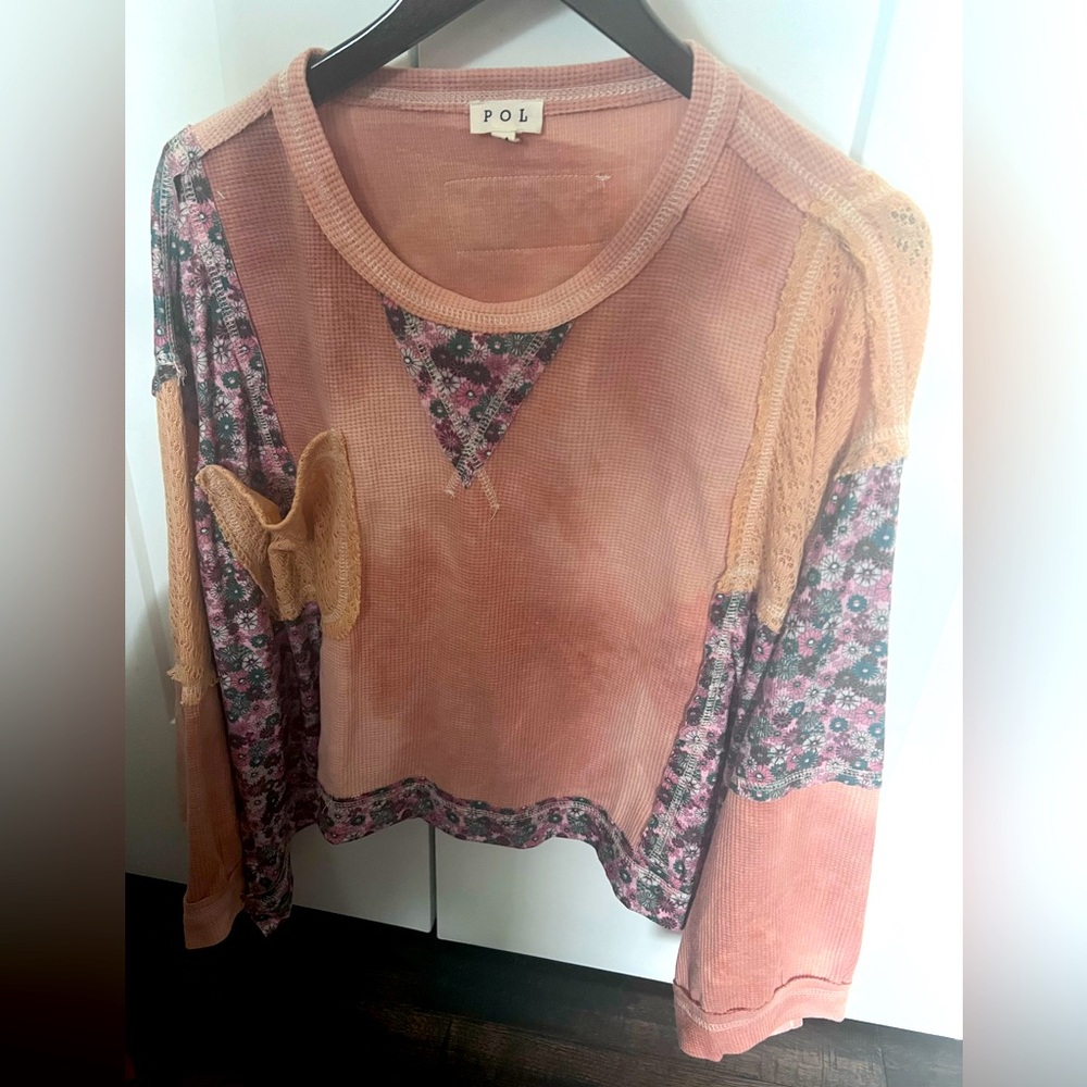 POL Women's Floral Patchwork Top - Pink and Cream Medium